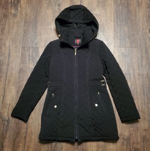 Gallery S Black Quilted Long Mid Length Coat Detachable Hood